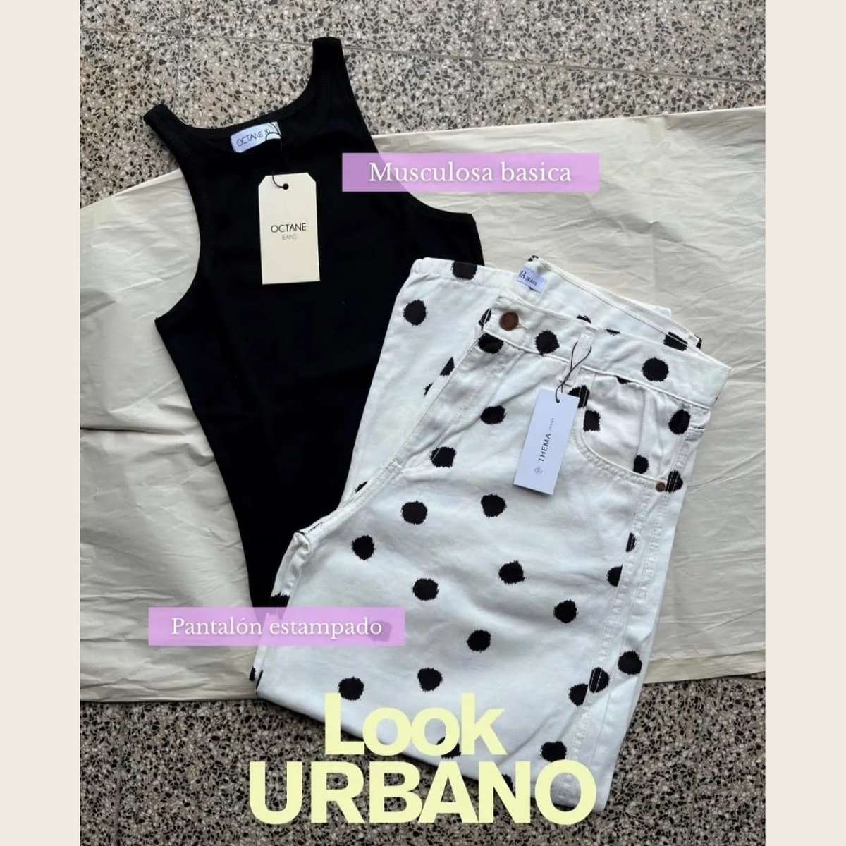 Look urbano: musculosa y pantalón a lunares en MV Pilchería