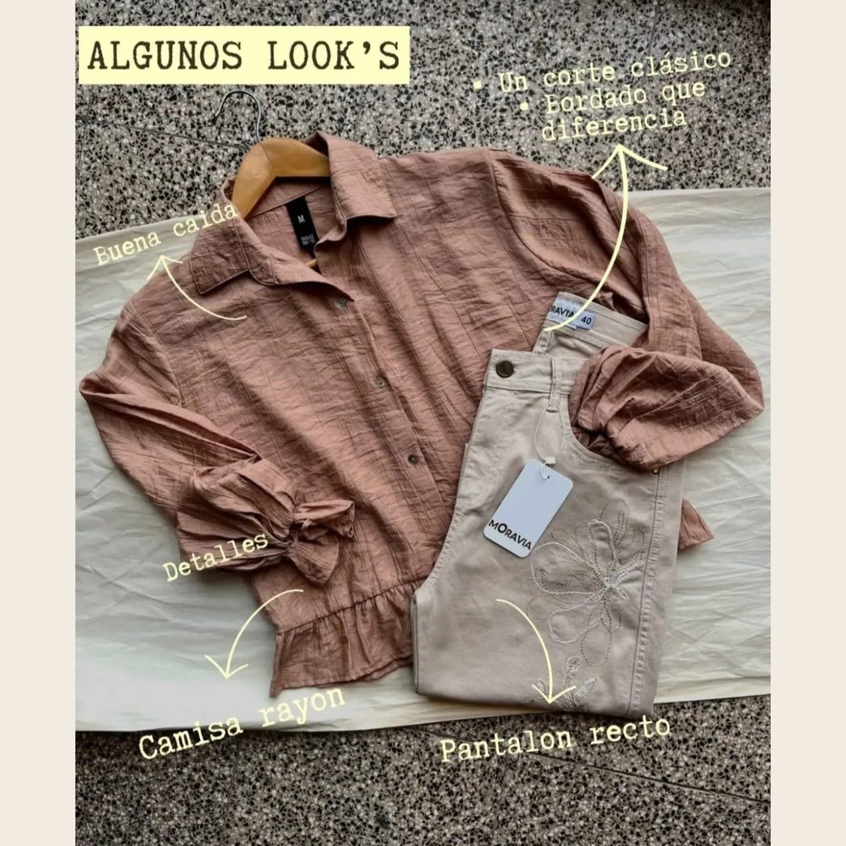 Look: camisa de rayón y pantalón recto en MV Pilchería